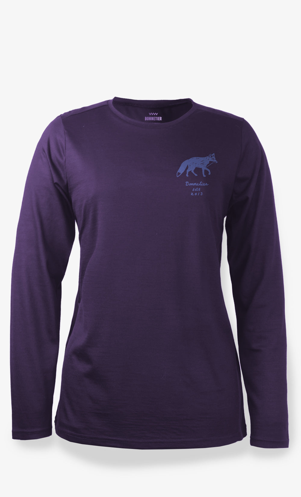 Haut manches longues femme violet en laine mérinos STRETCHWOOL™ 160 GSM, coupe régulière, avec motif loup imprimé.