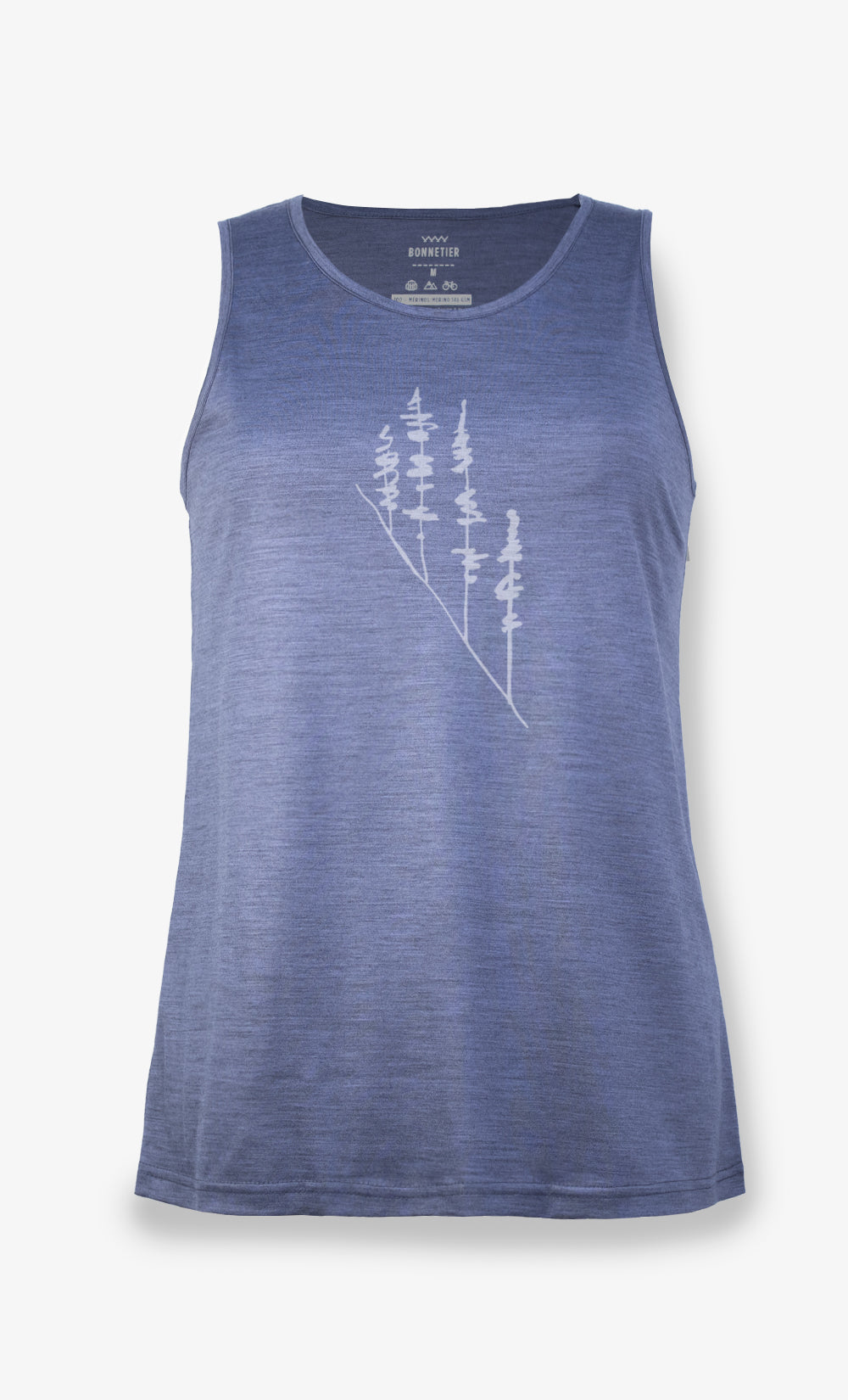 Camisole femme en laine de mérinos bleu-gris chiné avec imprimé Pins Inclinés BONNETIER