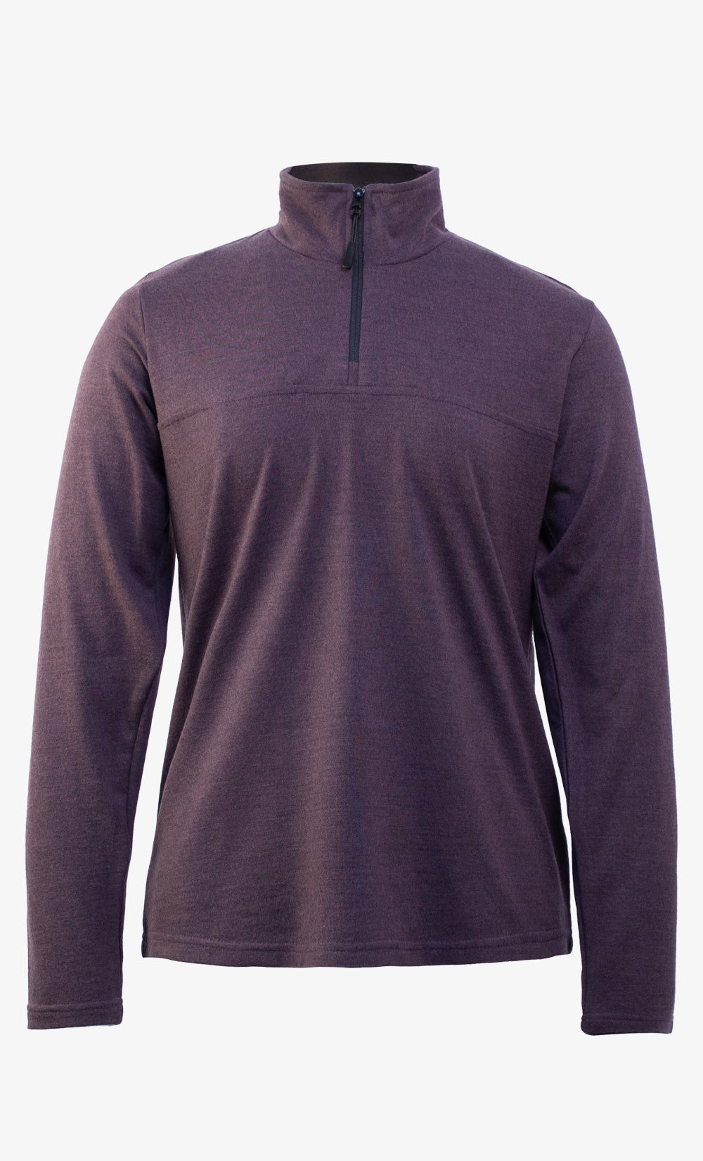 Demi-zip femme en flanelle de laine mérinos aubergine chiné avec col montant et fermeture éclair, fabriqué au Canada par BONNETIER.