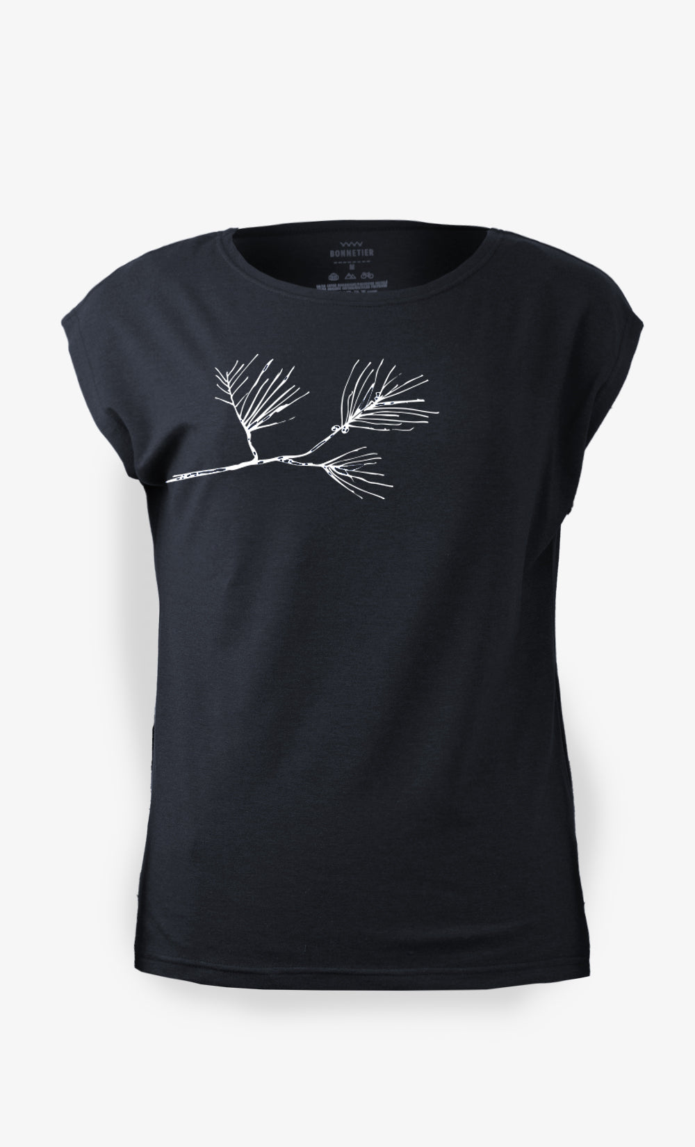 T-shirt Madrid noir pour femme en coton biologique avec imprimé Branche de Pin blanc, manches courtes, fabriqué au Canada par BONNETIER.