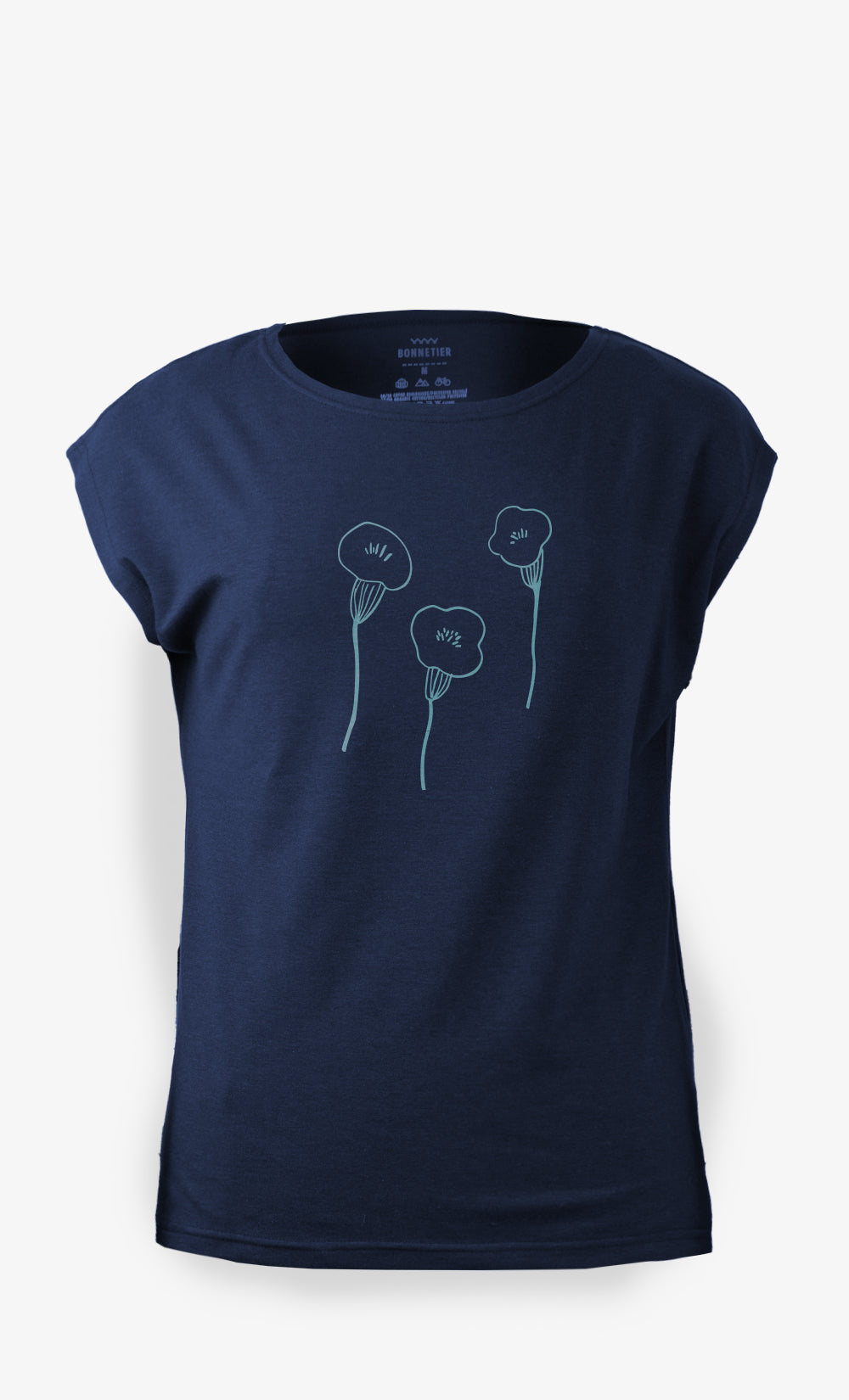 T-shirt femme Madrid marine en coton biologique avec imprimé trois coquelicots BONNETIER