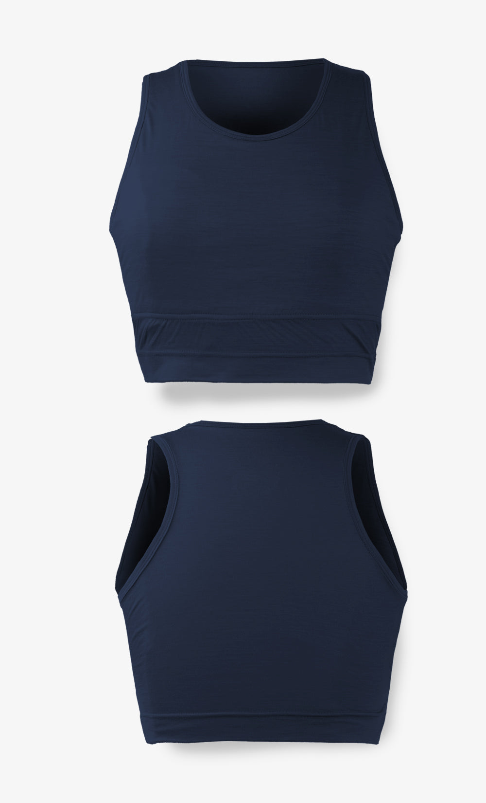 Soutien-gorge sport femme StretchWool™ marine en laine mérinos respirante fabriqué au Canada par BONNETIER.
