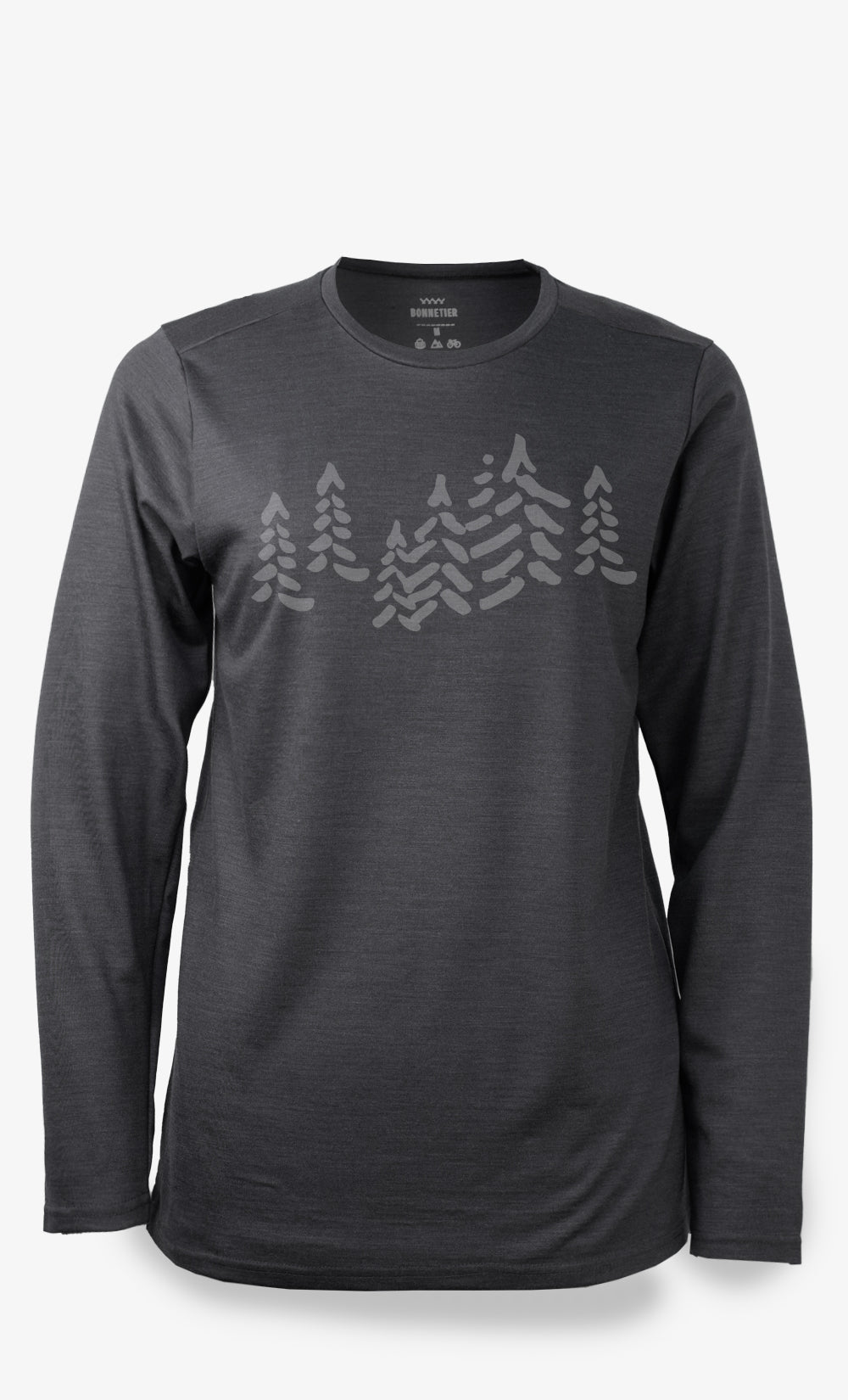 Chandail TechPro femme en laine mérinos noir chiné avec imprimé Forêt, manches longues, fabriqué au Canada par BONNETIER.