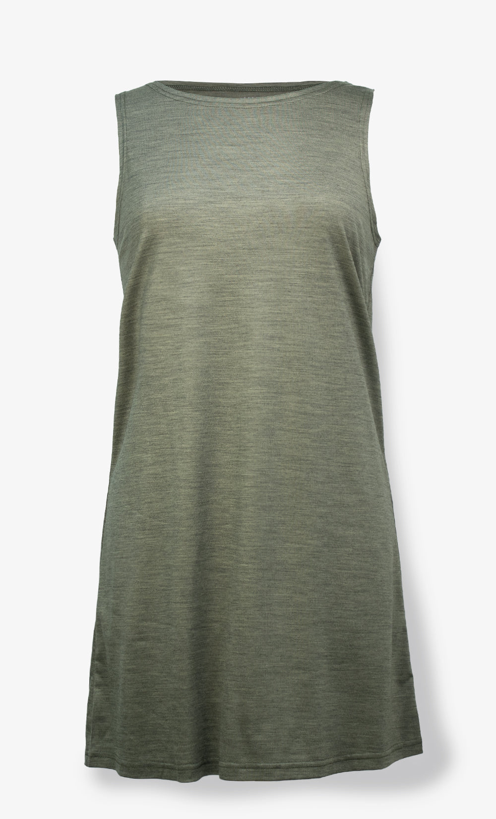 robe en laine de mérinos vert sauge chiné coupe droite sans manches BONNETIER