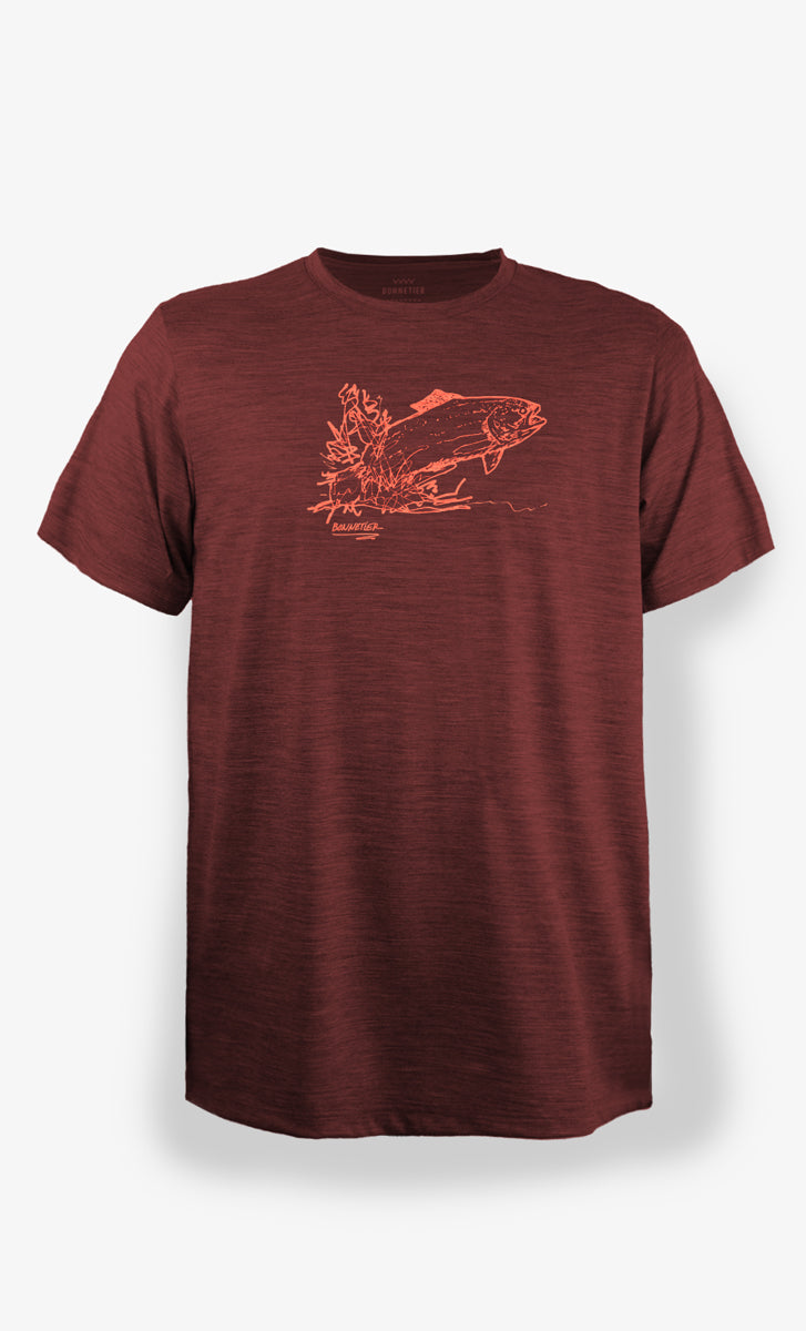 T-shirt homme carmin chiné saut – Écoresponsable, confortable et fabriqué au Québec. Idéal pour le plein air et le quotidien.