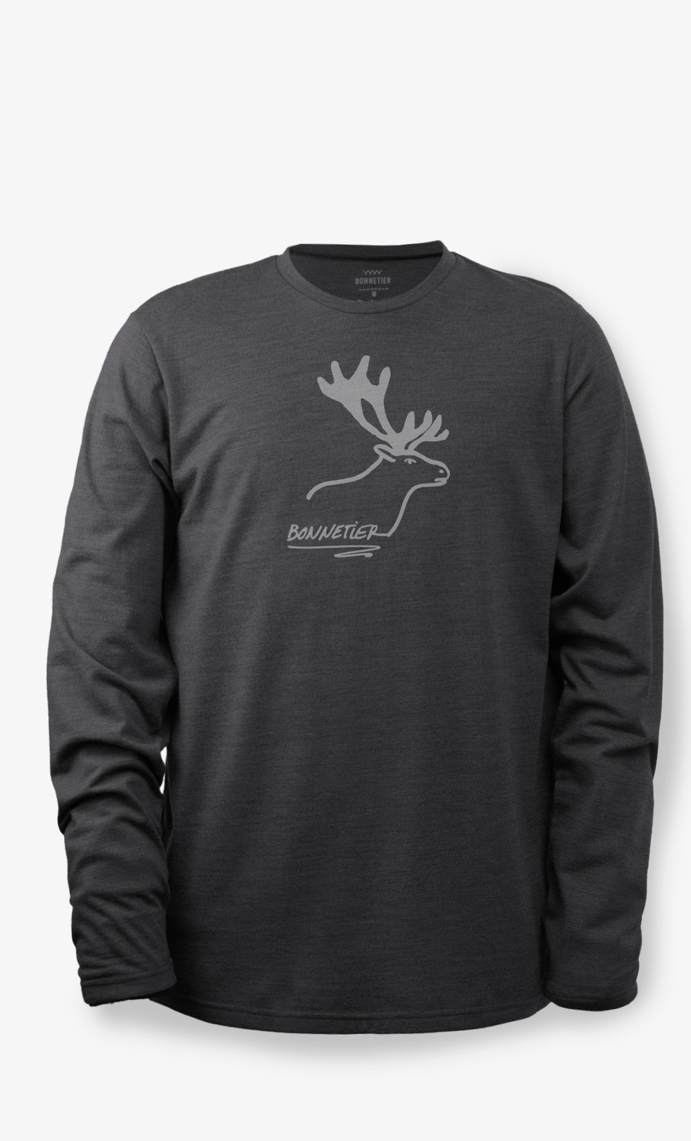 Chandail TechCrew Flanelle en laine mérinos noir chiné pour homme avec manches longues et imprimé orignal, fabriqué au Canada.