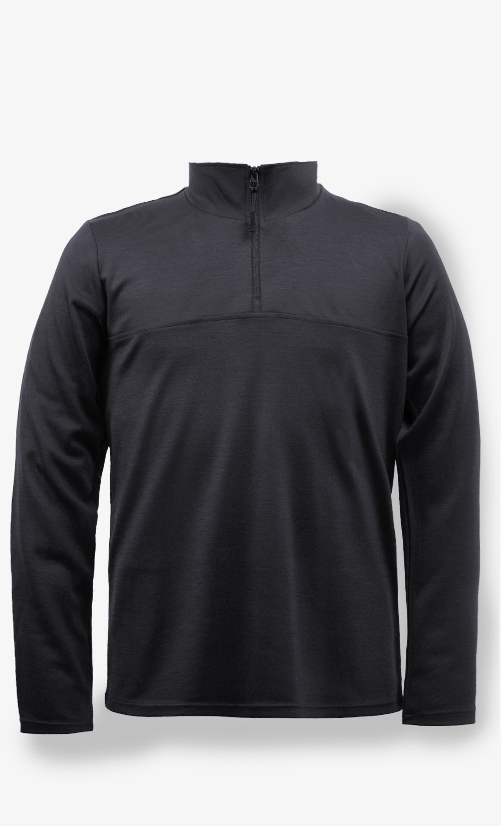 Demi-zip en laine mérinos noir pour homme avec col montant et fermeture éclair, fabriqué au Canada.