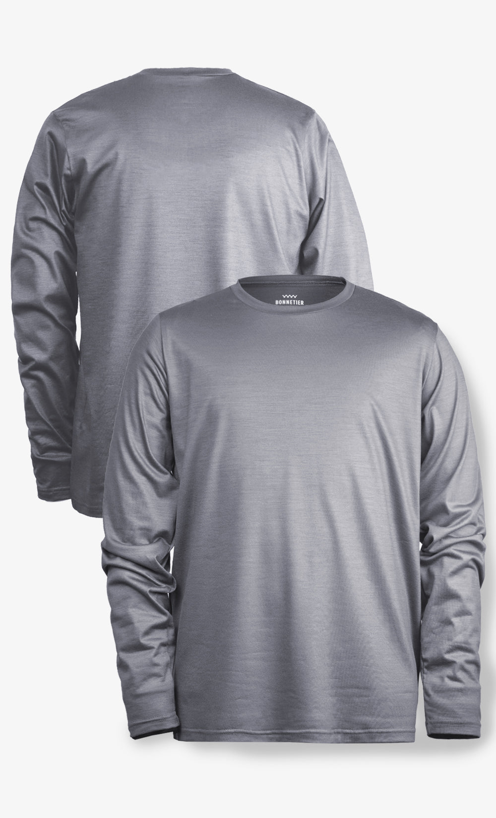 Chandail manches longues en laine mérinos Stretchwool gris pour homme fabriqué au Canada, vue avant et arrière.