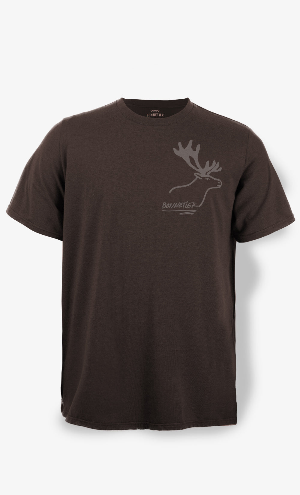 T-shirt homme brun BONNETIER All Star avec imprimé orignal Moose sur la poitrine, fabriqué au Canada en coton biologique.